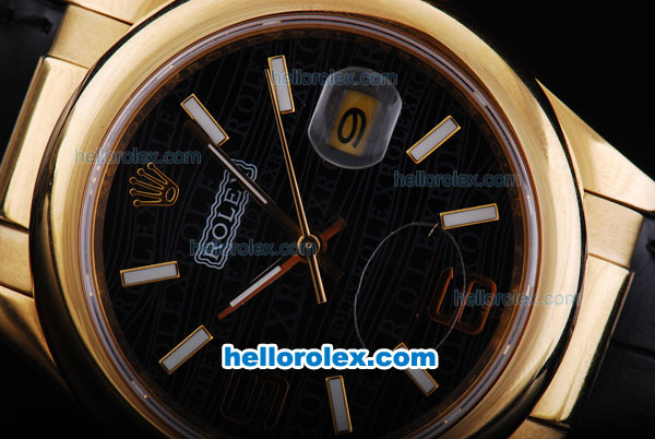 Rolex Datejust Automatic Smooth Gold Case with Black Dial and White Marking-Black Leather Strap - Click Image to Close